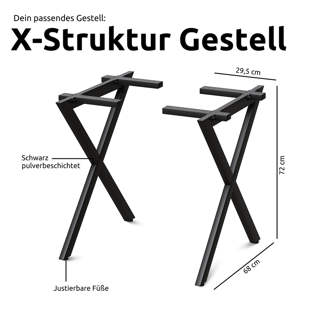 Kleiner Massivholztisch ohne Baumkante 160cm  x 80cm X-Struktur Gestell