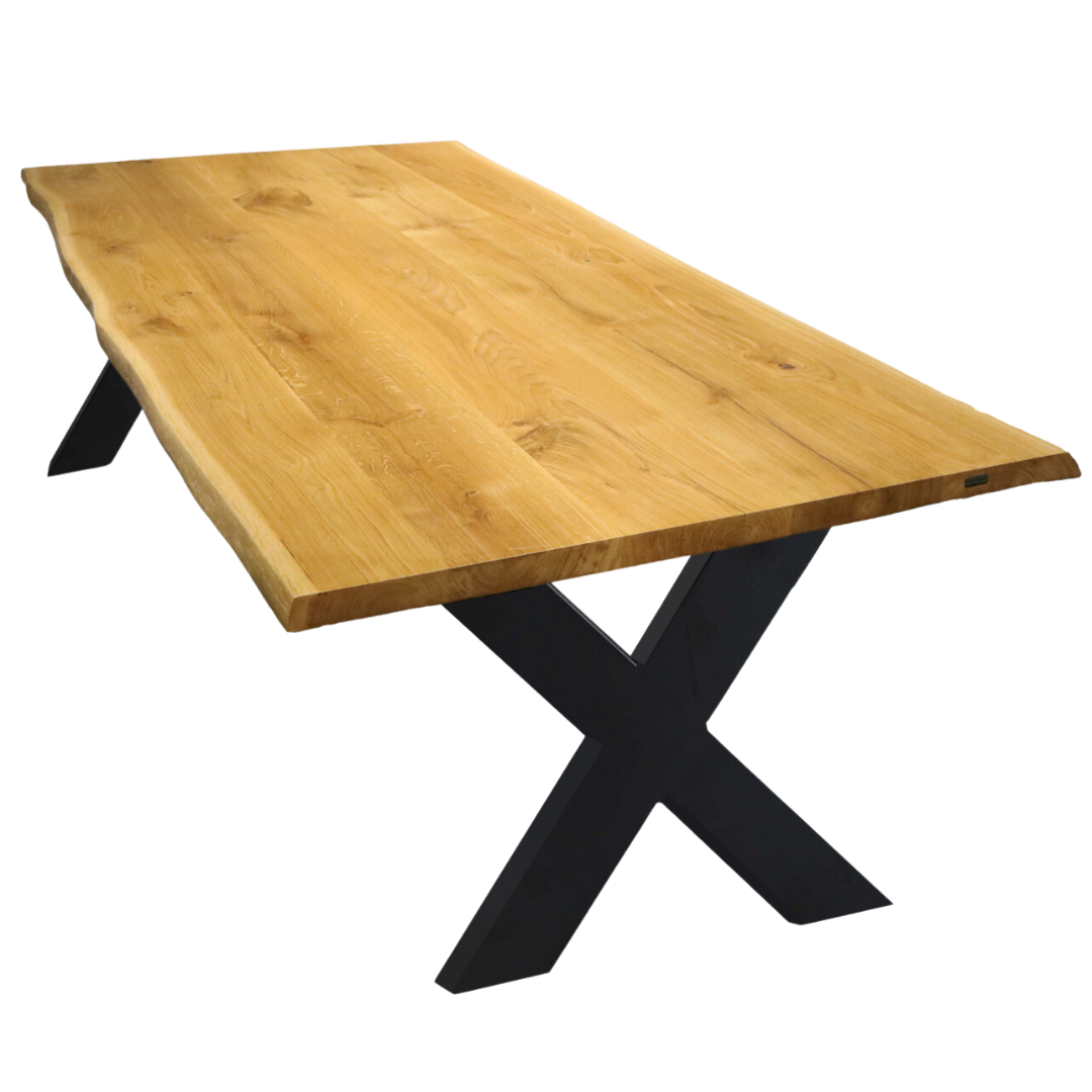 Tischplatte mit Baumkante aus massiver Eiche inkl. X-Tischbeine